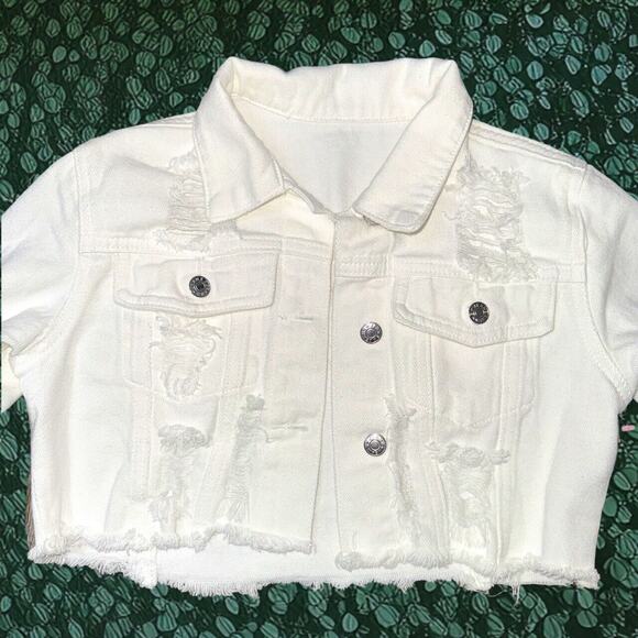NWT XS White Distressed Destructed Denim Collared Button Crop Jacket Jean Cotton - Picture 2 of 4